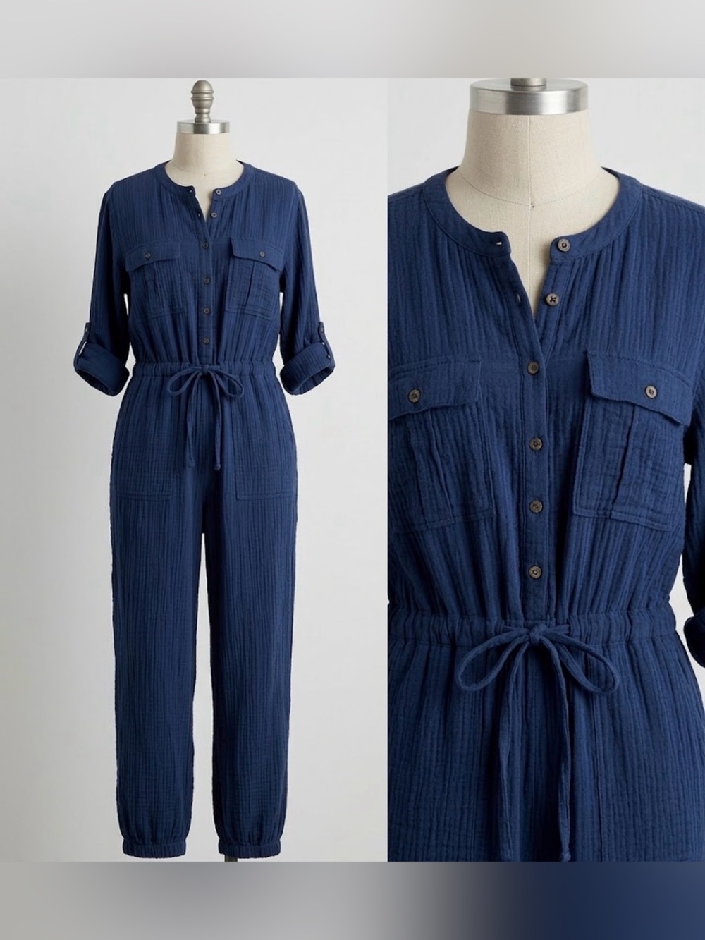 Madewell Gauze Drawstring Jumpsuit Romper Size 12 Blue Button Front 100% Cotton